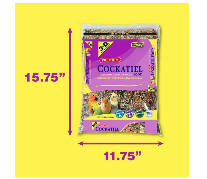 3-D Pet Products Premium Cockatiel Mix Bird Food Seeds, with Probiotics, 9 lb. Bag - Amado Deals - wholesale and distributors with free shipping in United States 3-D Pet Products Premium Cockatiel Mix Bird Food Seeds, with Probiotics, 9 lb. Bag - Amado Deals - wholesale and distributors with free shipping in United States